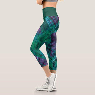 Plaid Check Purple Green Tartan Green Waistband Capri Leggings