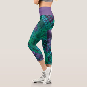 Plaid Check Purple Green Tartan Mauve Waistband Capri Leggings