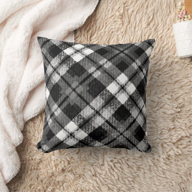 Plaid Check Tartan Black White Farmhouse Modern Cushion (Blanket)
