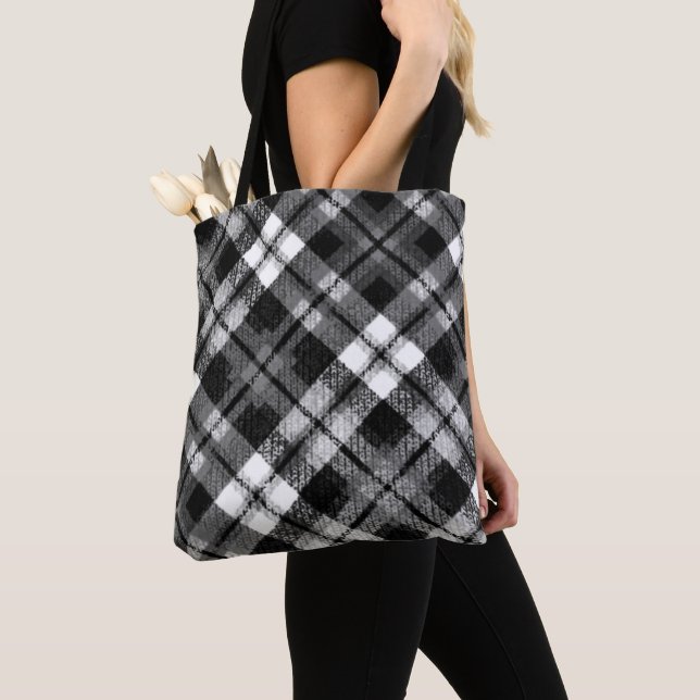 Plaid Check Tartan Black White Farmhouse Modern Tote Bag (Close Up)