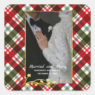 Plaid Christmas 2 Photo Married and Merry Square Sticker
