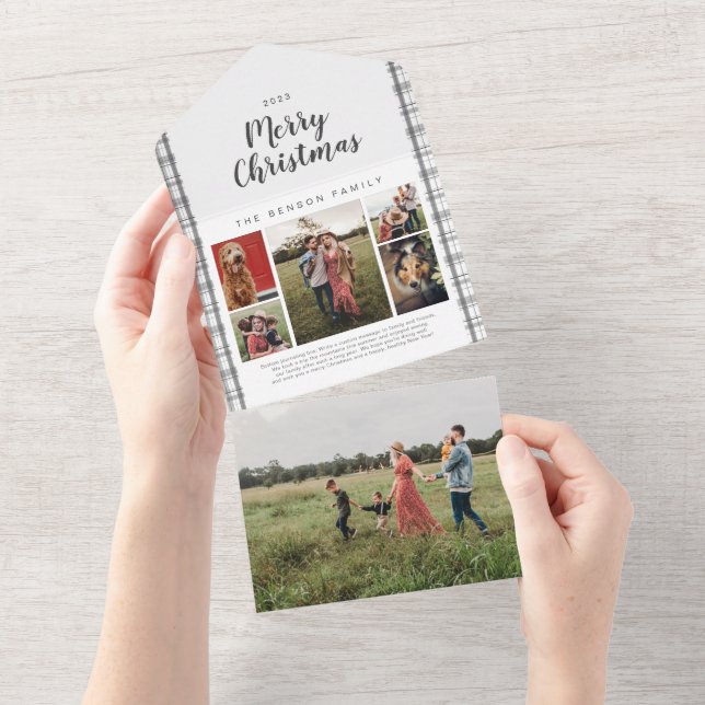 Plaid Christmas Charcoal 6 Photo Holiday All In On One Invitation (Tearaway)