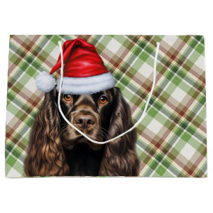 Plaid Christmas Chocolate Cocker Spaniel Dog  Large Gift Bag
