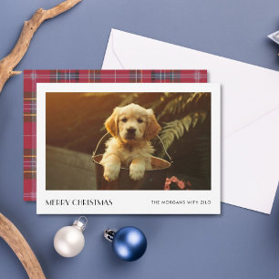 Plaid Christmas Elegant Puppy Dog Family Photo Holiday Card