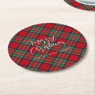 Plaid Christmas Holiday Script Stewart Tartan Round Paper Coaster