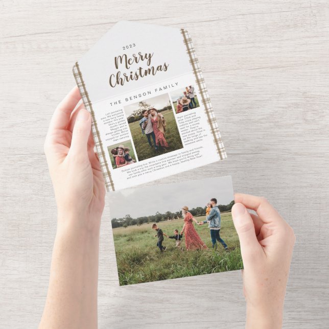 Plaid Christmas Journal Brown 4 Photo Holiday All In One Invitation (Tearaway)