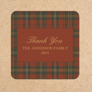 Plaid Christmas Party Classic Custom Thank You  Square Sticker