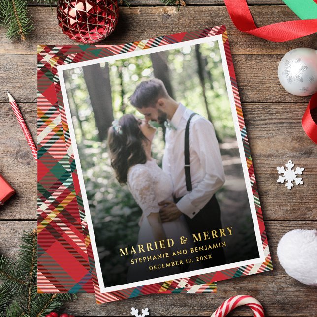 Plaid Christmas Photo Married and Merry Gold (Plaid Christmas Photo Married and Merry Gold Foil Holiday Card)