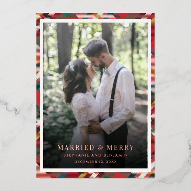 Plaid Christmas Photo Married and Merry Rose Gold (Front)