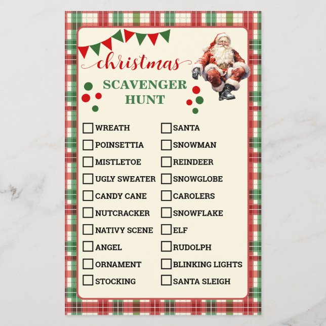 Plaid Christmas Scavenger Hunt Game Card (Front)