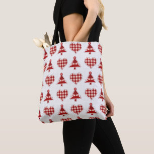Plaid Christmas Trees and Hearts Pattern Tote Bag
