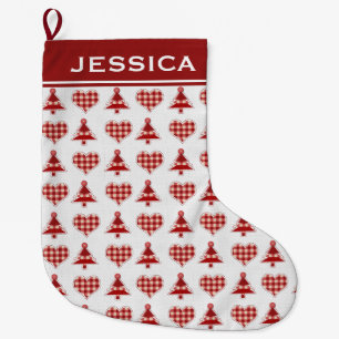 Plaid Christmas Trees and Hearts Personalised Large Christmas Stocking