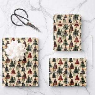 Plaid Christmas Trees on Beige Wrapping Paper Sheet
