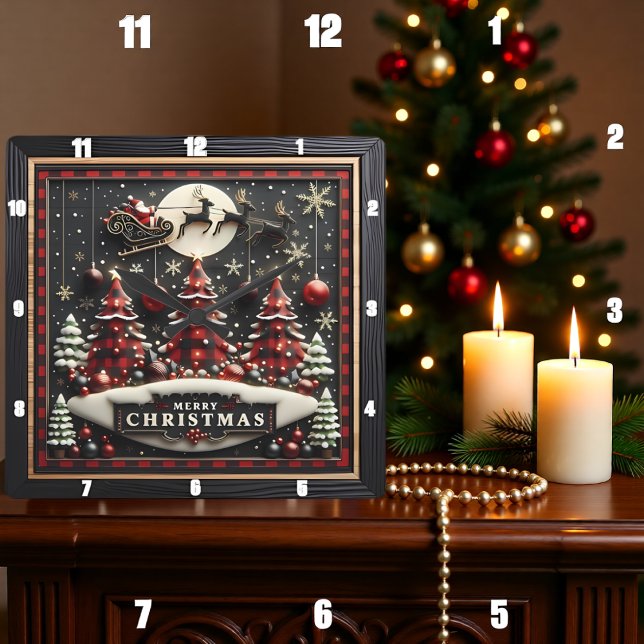 Plaid Christmas Trees Santa Sleigh Square Wall Clock (Creator Uploaded)