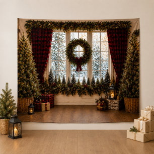 Plaid Christmas Window Family Photo Backdrop Tapestry