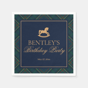 Plaid Classic Rocking Horse Birthday Party Dessert Napkin
