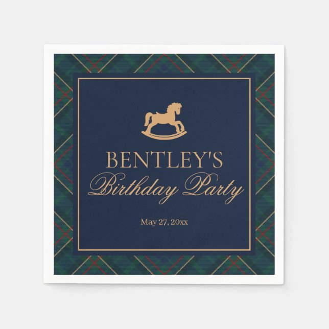 Plaid Classic Rocking Horse Birthday Party Dessert Napkin (Front)