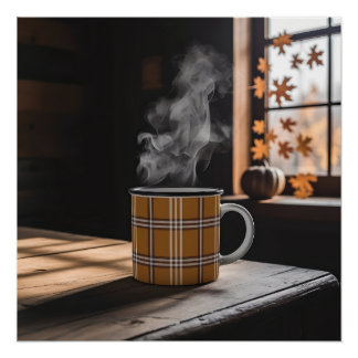 Plaid Coffee Mug Heritage Pattern Autumn Steam Art Poster