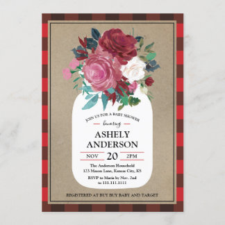 Plaid Country Mason Jar Baby Shower Invitation