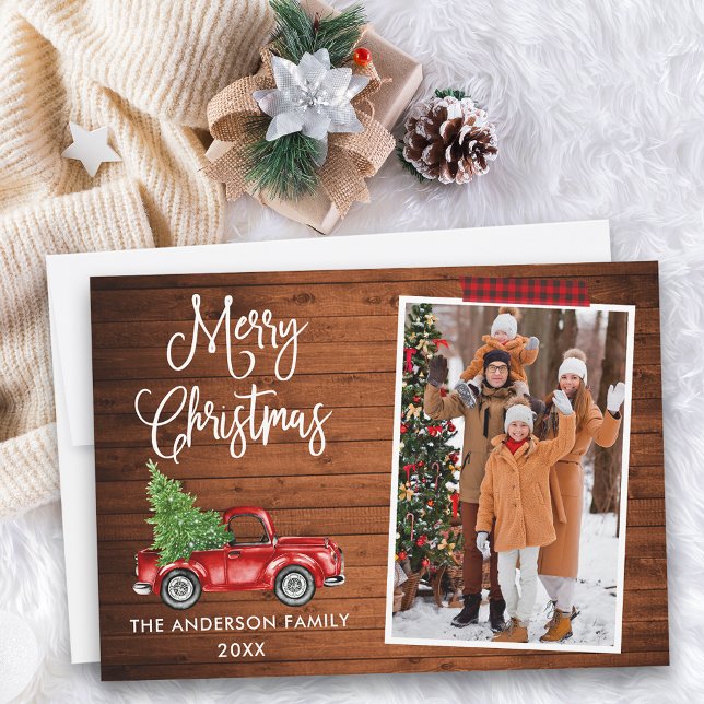 Plaid Craft Tape Calligraphy Christmas Truck Wood Holiday Card (Customize to add text to back of card.)