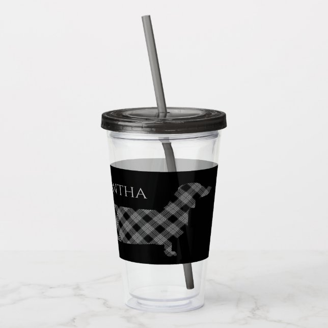 Plaid Dachshund on Black Personalised Acrylic Tumbler (Left)