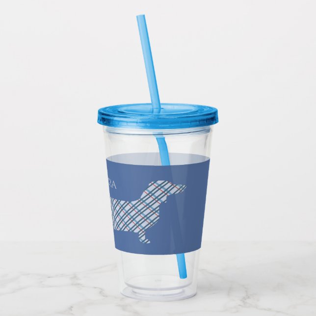 Plaid Dachshund on Blue Personalised Acrylic Tumbler (Left)