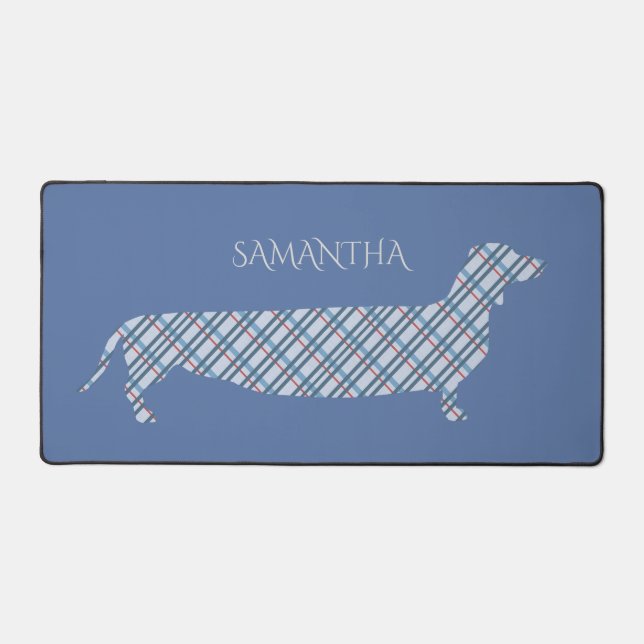Plaid Dachshund on Blue Personalised Desk Mat (Front)