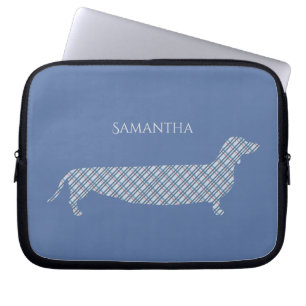 Plaid Dachshund on Blue Personalised Laptop Sleeve