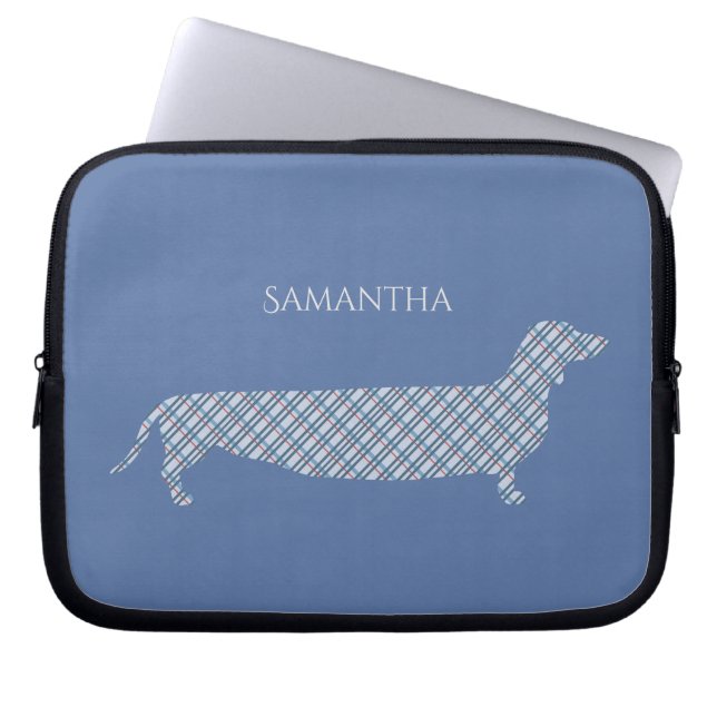 Plaid Dachshund on Blue Personalised Laptop Sleeve (Front)