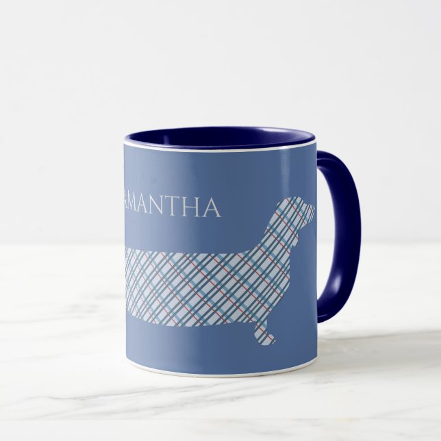 Plaid Dachshund on Blue Personalised Mug (Front Right)