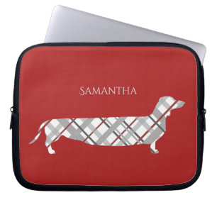 Plaid Dachshund on Red Laptop Sleeve