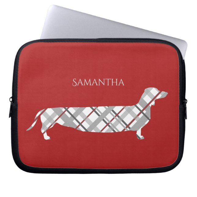 Plaid Dachshund on Red Laptop Sleeve (Front)