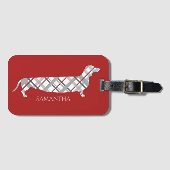 Plaid Dachshund on Red Luggage Tag (Front Horizontal)