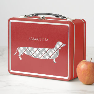 Plaid Dachshund on Red Personalised Metal Lunch Box