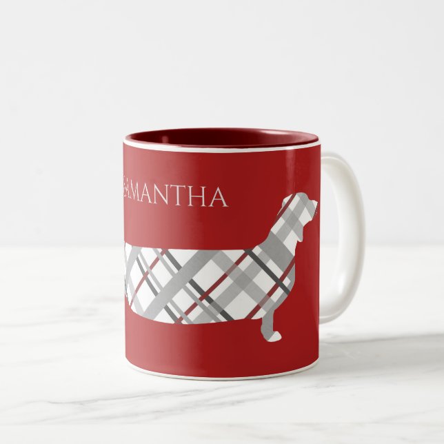 Plaid Dachshund on Red Personalised Two-Tone Coffee Mug (Front Right)