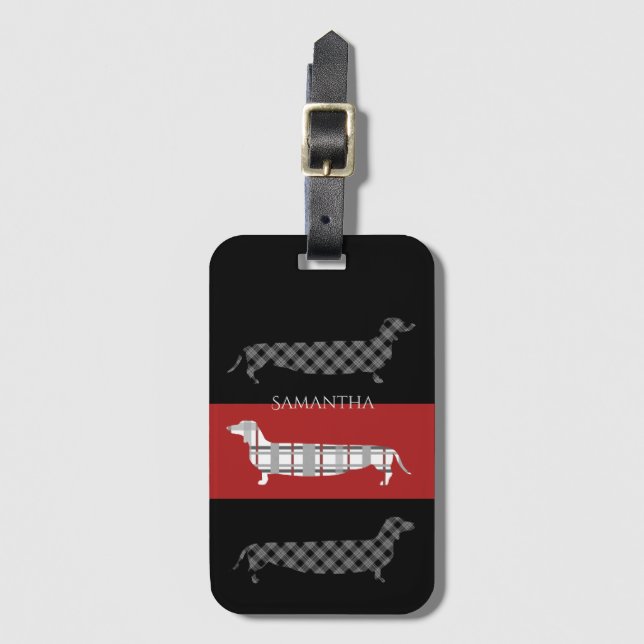 Plaid Dachshunds on Striped Personalised Luggage Tag (Front Vertical)