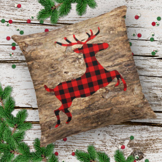 Plaid Deer On Faux Brown Tree Bark Texture Pattern Cushion