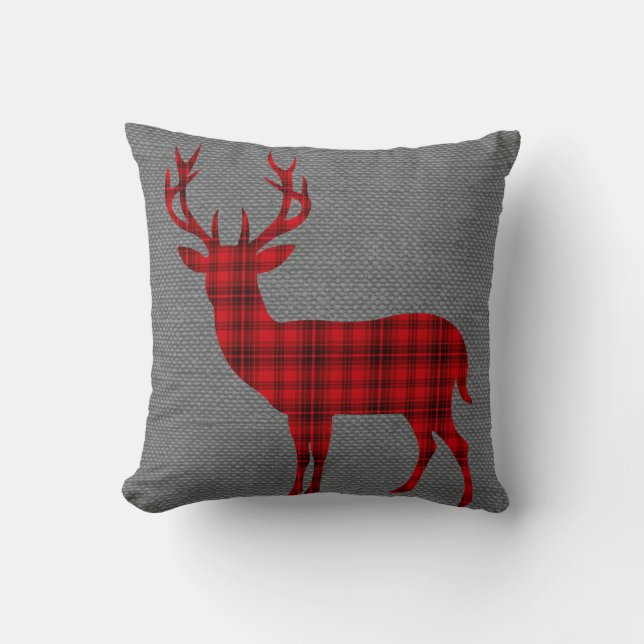 Plaid Deer Silhouette on Burlap | red Cushion (Front)