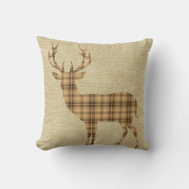 Plaid Deer Silhouette on Burlap | tan beige Cushion (Front)