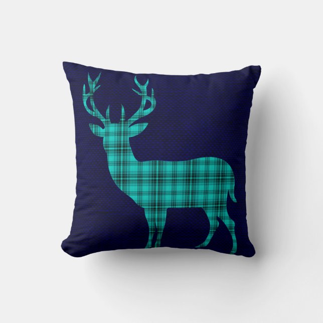 Plaid Deer Silhouette on Burlap | teal navy Cushion (Front)