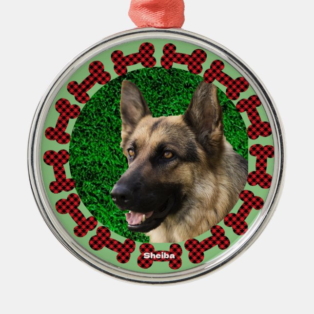 Plaid Dog Bone Frame Cute Doge Photo Christmas Metal Tree Decoration (Front)