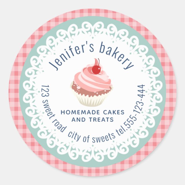 Plaid doily lace Homemade cupcakes and treats Classic Round Sticker (Front)