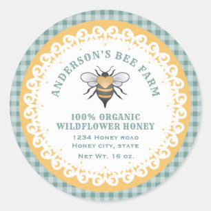 Plaid doily lace vintage bee logo honey jar classic round sticker