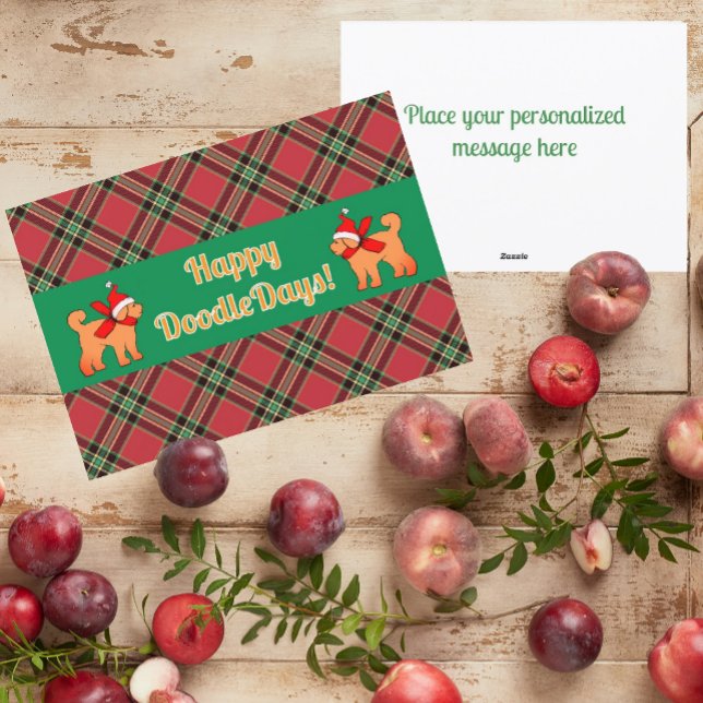 Plaid Doodle Golden Yellow Dog Personalised  Holiday Card (Fun cute doodle yellow puppy can be personalized.)