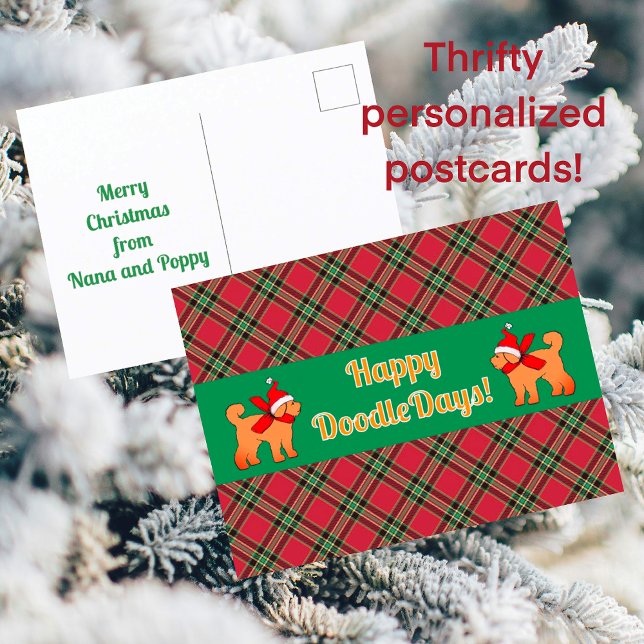 Plaid Doodle Golden Yellow Dog Personalised  Holiday Postcard (Save money with thrifty personalized holiday cards)