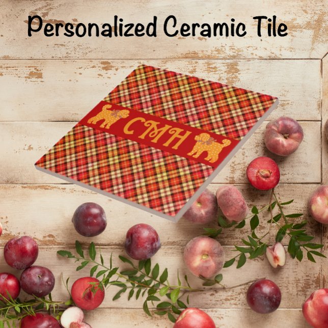 Plaid Doodle Golden Yellow Dog Personalised Tile (Personalized ceramic tile in 2 sizes.)