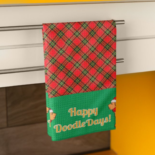Plaid Doodle Yellow Dog Personalised Christmas Tea Towel (The cutest doggy holiday dish towel!)