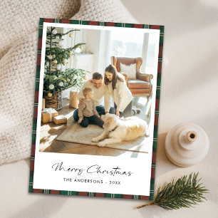 Plaid Elegant Script Merry Christmas Family Photo Holiday Card