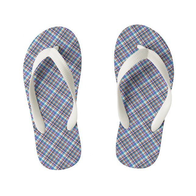 Plaid Fabric Print Grey Blue Chequered Pattern Kid's Jandals (Footbed)