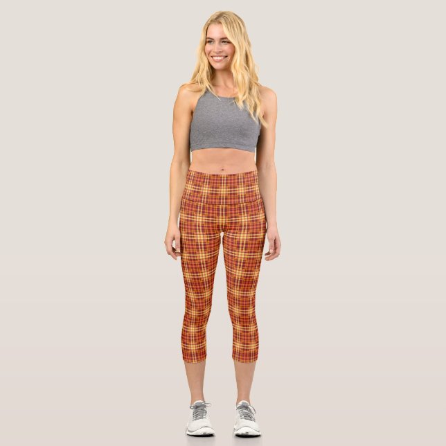 Plaid Fabric Texture Brown Stripes-52628 Capri Leggings (Front)